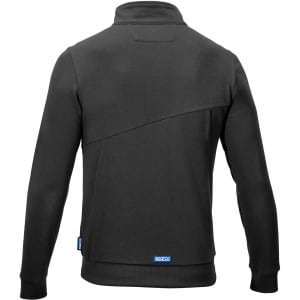 A black full zip jacket featuring a modern design and a logo on the side.