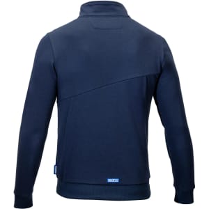 A navy blue full zip jacket with a high collar and a stylish design, featuring a logo on the side.