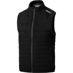 A black vest with a zippered front, featuring a padded design and a logo on the shoulder.