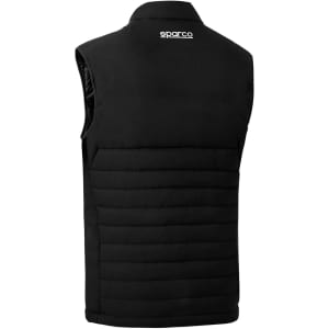 A black sleeveless vest with a quilted design and a logo on the back.