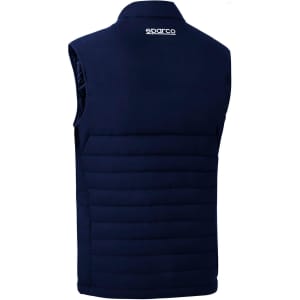 A navy blue sleeveless vest with a quilted design and a logo on the back.