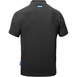 A black polo shirt with a collar, featuring a logo on the back and a tag on the side.