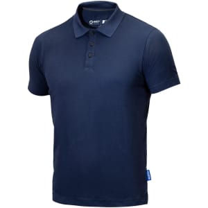 A navy blue polo shirt with a collar, short sleeves, and a logo on the side.