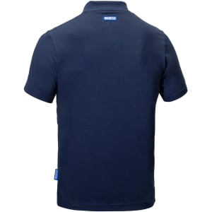 A navy blue polo shirt with a collar and a small logo on the back.
