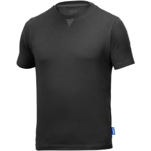 A black T-shirt with a round neckline and short sleeves, featuring a branding logo on the side.