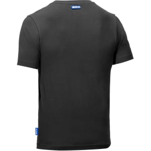 A black t-shirt featuring a logo on the side, viewed from the back.