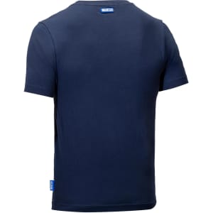 A navy blue t-shirt featuring a logo on the back and short sleeves.