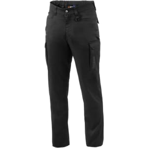 Black trousers with multiple pockets and an adjustable waistband, featuring branding on the side.