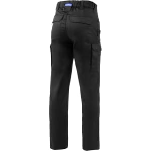 Black trousers featuring cargo pockets, designed with a comfortable fit and elastic waistband. Includes a branding logo.