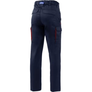 Navy blue trousers featuring red accents and multiple pockets, displayed from the back view. Includes a branding logo.