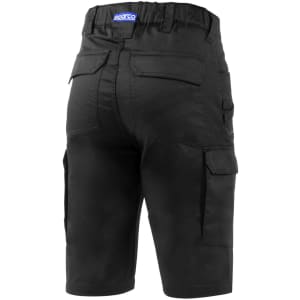 Black Bermuda shorts with multiple pockets and an elastic waistband, featuring a logo on the back.