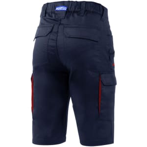 Navy Bermuda shorts with red detailing, featuring pockets and an elastic waistband. Includes a logo on the back.