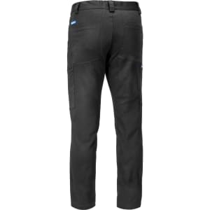 Black trousers with a fitted design and multiple pockets, featuring a logo on the waistband.