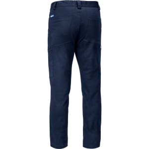 Navy trousers featuring multiple pockets and a logo, shown from the back.
