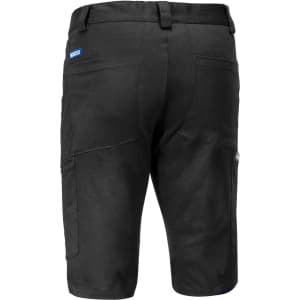 Black Bermuda shorts featuring multiple pockets and a branding logo on the back.