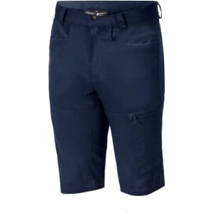Navy blue Bermuda shorts with multiple pockets and a logo on the waistband.