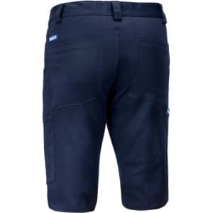 Navy blue Bermuda shorts with multiple pockets and a branded logo on the back.