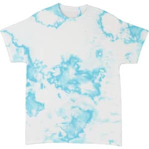 A loose-fitting tie-dye T-shirt in white and light blue, featuring a cloud-like pattern. It has a logo on the label.