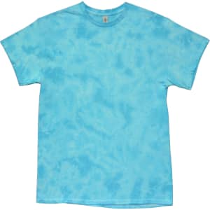 A blue crinkle tie dye T-shirt with a soft texture and a casual fit, featuring a logo.