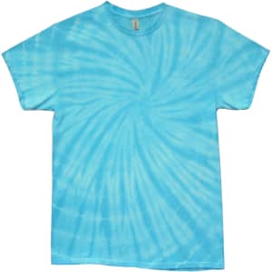 A blue tie-dye T-shirt featuring a spiral design, showcasing various shades of blue throughout.