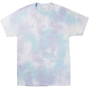 A cloud tie-dye t-shirt in pastel shades of blue and lavender. Features a logo on the front.
