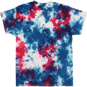 A tie-dye T-shirt featuring vibrant blue, red, and white colours with a swirling pattern. It has a logo.