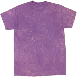 A purple mineral wash tie dye t-shirt featuring a textured pattern and a crew neck design. It has a logo.