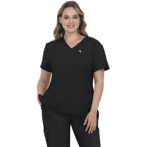 A black scrub top with a V-neckline and short sleeves, featuring a small logo on the chest.