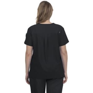 A black women's top with a relaxed fit and short sleeves, featuring a pleat detail at the back.