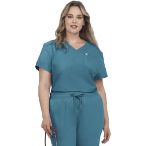 A scrubs outfit in teal with a V-neck top, featuring a pocket and drawstring pants, with a logo on the top.