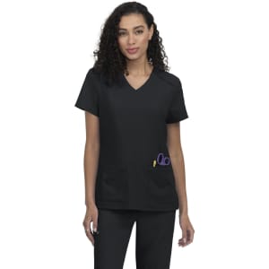 A black medical scrub top with a V-neck, featuring two side pockets and a pair of scissors in one pocket.
