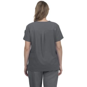A grey medical scrub top with a relaxed fit and pleat detail on the back, designed for comfort and functionality.