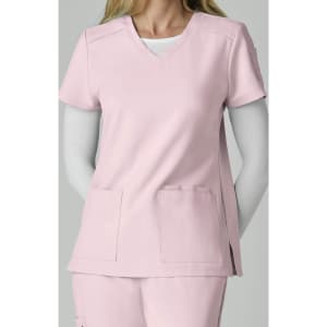 A pink scrub top with short sleeves and two front pockets, featuring a V-neckline.