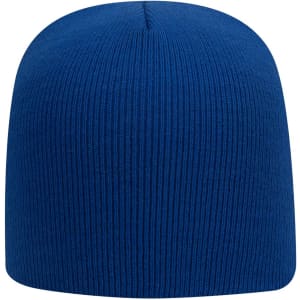 A blue knit beanie with a seamless design and ribbed texture, featuring a branding logo.