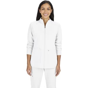 A women's jacket in white, featuring a zip front, pockets, and a fitted design, with a logo on the upper left.