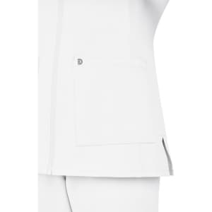 A white women's jacket featuring a pocket and a branding logo on the fabric.