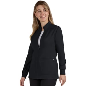 A black women's jacket with a zip front and two front pockets, featuring a branded logo.