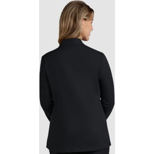 A black women's jacket with a tailored fit, featuring a collar and long sleeves, seen from the back.