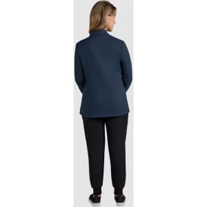 A navy blue women's jacket viewed from the back, paired with black pants. The jacket has a simple design and features a logo.