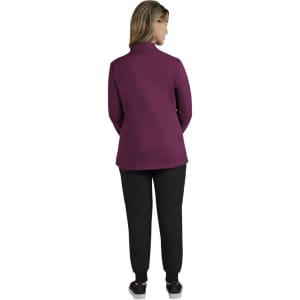 A women's jacket in a rich purple colour, featuring a mock neck and a fitted silhouette, with a rear view displayed.