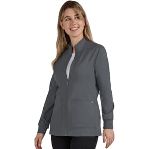 A women's grey jacket with a zip front, featuring two front pockets and a collar. It has a logo on it.