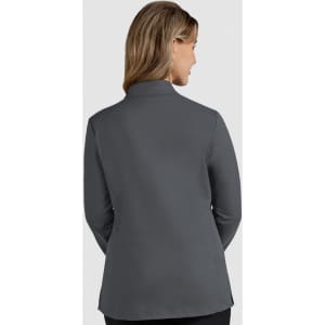 A women's jacket in grey, featuring a tailored design and a high collar, viewed from the back.