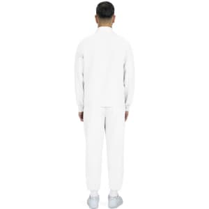 A man wearing a white jacket and matching pants, viewed from the back. The outfit features a simple design.