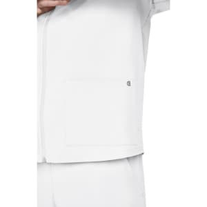 A white jacket featuring a zip and a pocket, with a small logo on the side.