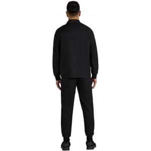 A black men's jacket with matching pants, displayed from the back with a logo on the garment.