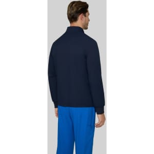 A men's jacket in navy blue, featuring a high collar and a simple design, viewed from the back.