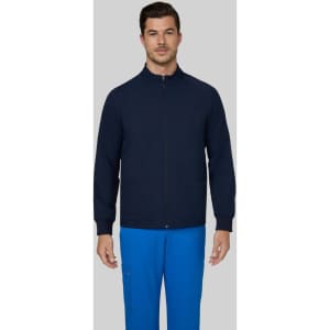 A navy blue men's jacket with a front zip and two pockets, worn over blue trousers. Features a logo.
