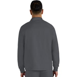 A grey men's jacket with a collar, shown from the back, featuring long sleeves and a logo.