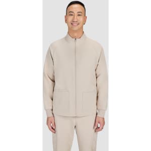 A men's jacket in a light beige colour with a zip front and two front pockets, featuring a logo.