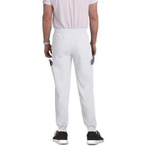 White jogger pants with elastic waistband and side pockets, designed for comfort and functionality. Includes logo detail.